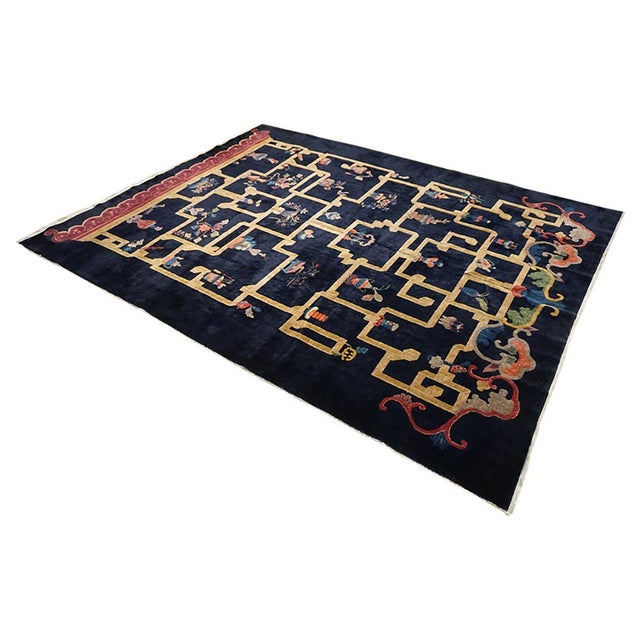 1920s Special Shelf With Details of Chinese Culture in a Black Fiedl Antique Art Deco Rug For Sale - Image 5 of 12