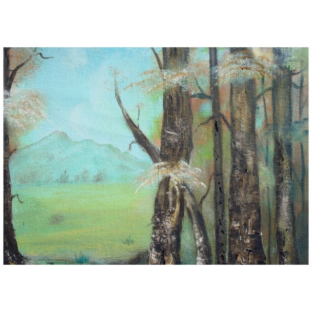 Beautiful landscape of sycamore trees along a stream in front of a distant mountain range by Alice Egge (American, 1931 -...