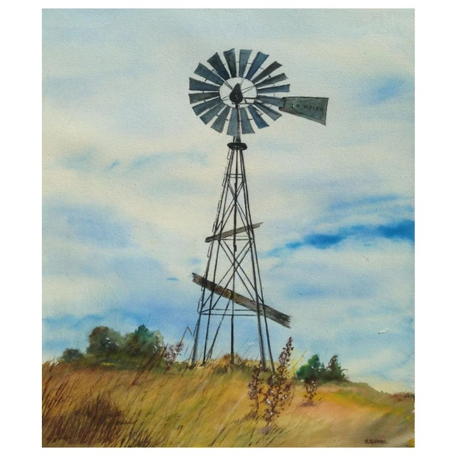 Stoic watercolor painting of a tall windmill in a rural landscape by H. Kendall . Signed "H. Kendall" lower right....