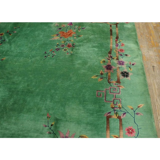1920s Outstanding Jade-Green Background Color With Details of Purple Flowers Vases in a Floral Design Chinese Art Deco Rug For Sale - Image 5 of 15