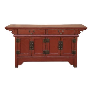Oriental Distressed Brick Red Lacquer Low Table Tv Console Cabinet For Sale