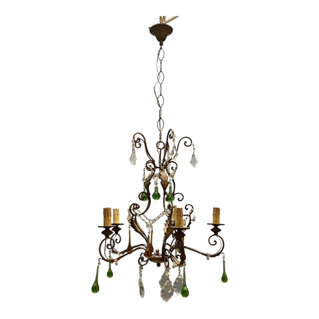 Italian 5-Light Tole Chandelier with Green and Amber Murano Glass Drops, 1950s For Sale - Image 16 of 16