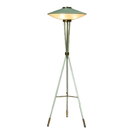 Sage Green Lacquered Floor Lamp with Brass Details from Stilnovo, Italy, 1955 For Sale
