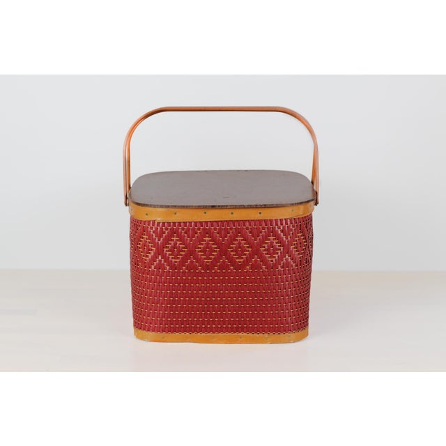 Mid-Century Red Woven Picnic Basket With Lid and Handles For Sale - Image 12 of 17