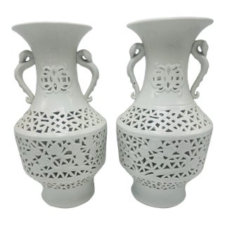 Reticulated White Ceramic Vases, a Pair For Sale