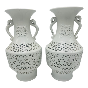 Reticulated White Ceramic Vases, a Pair