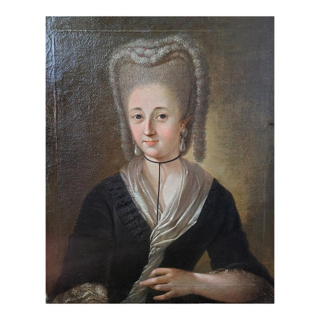 Antique 18th Century Oil Painting Portrait of a Lady in Pearl Earrings For Sale