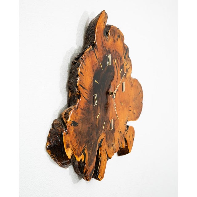 Mid-Century Modern Mid Century Modern Clock Wood Burl Wall Brass Gold Danish Vintage MCM For Sale - Image 3 of 12