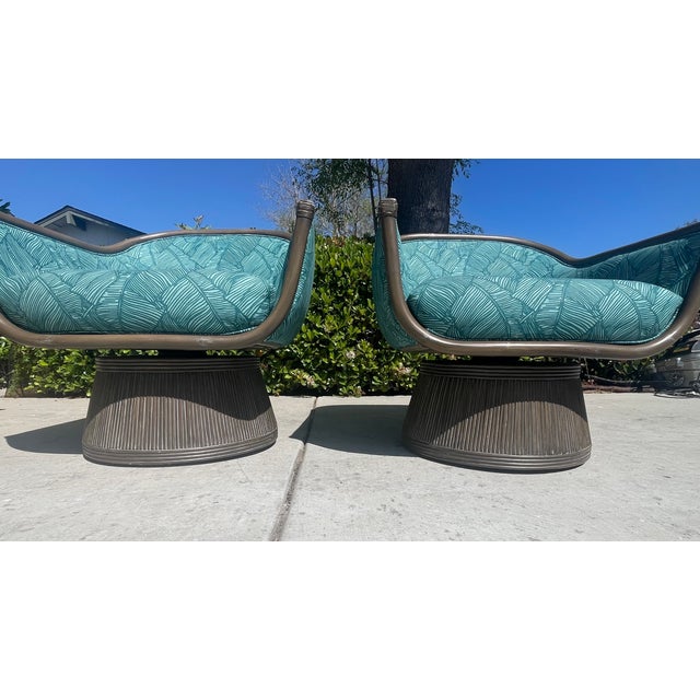 Teal Pair of Upholstered Swivel Chairs Attributed to Palecek Baldwin Style For Sale - Image 8 of 16
