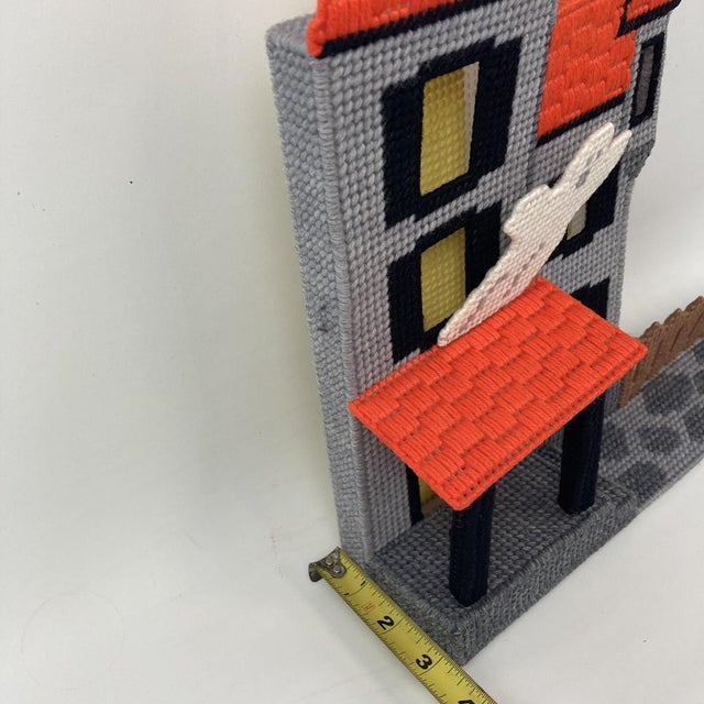 Contemporary VTG 80s Halloween 14" Centerpiece Ghost Needlepoint Plastic Canvas Haunted House For Sale - Image 3 of 8