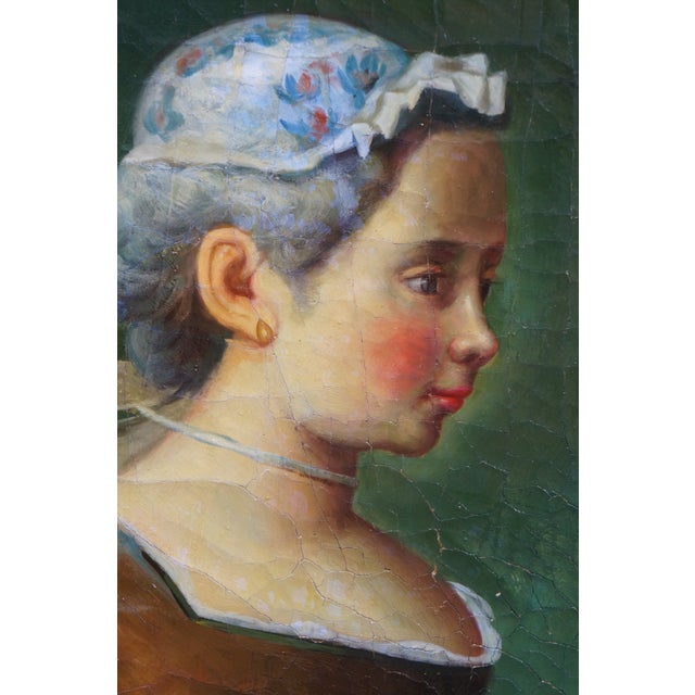 Textile Late 20th Century Girl With Racket & Shuttlecock Oil Painting After Jean Baptiste Siméon Chardin For Sale - Image 7 of 11