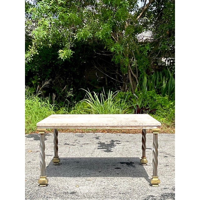 Mid 20th Century Vintage Regency Travertine and Brass Cap Coffee Table For Sale - Image 5 of 8