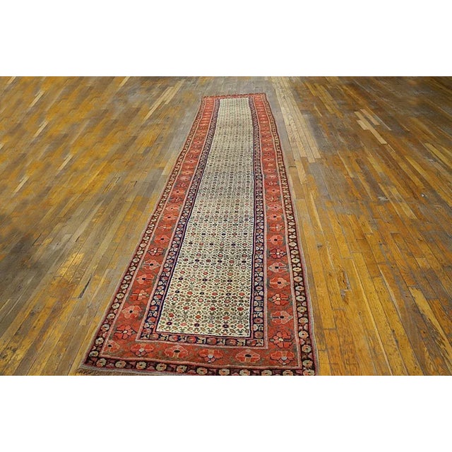 Tribal 1870s Ivory Geometric Tribal Nw Persian Runner Carpet 3' X 14'6" Handmade Wool Runner Rug For Sale - Image 3 of 12