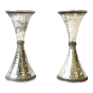 Sterling Silver Candlesticks with Hourglass Shape & Hammered Design - A Pair