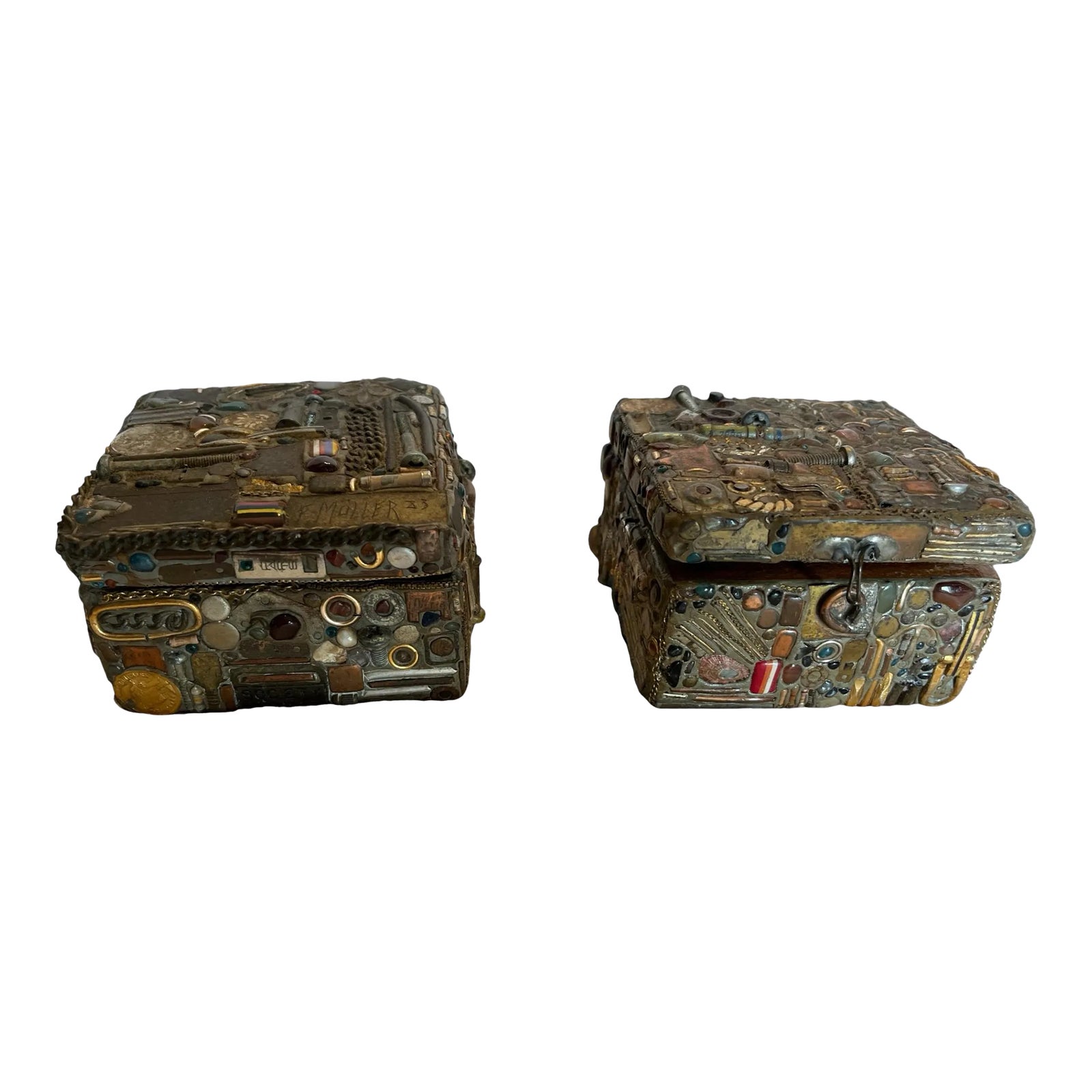 1980s Pair of Decorative Boxes With Found Objects by Brazilian
