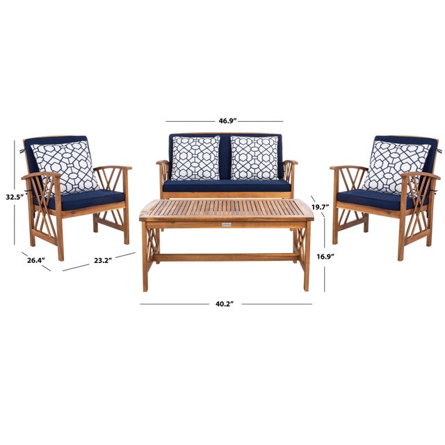 Transitional Fontana 4-Piece Outdoor Set, Natural/Navy Cushion With Blue & White Mosaic Pillows For Sale - Image 3 of 10