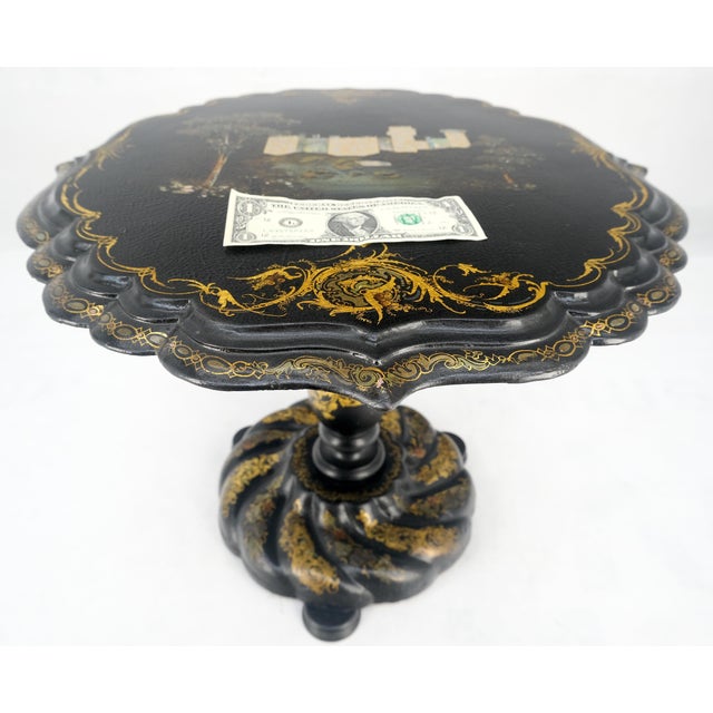 English Papier-Mache Black Gold Mother of Pearl Antique c1900s Lamp Table Clean! For Sale - Image 9 of 13