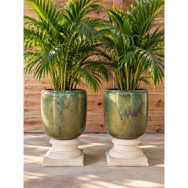 Large Green Drip Glaze Ceramic Planters on Cast Stone Pedestals-Pair For Sale - Image 12 of 12