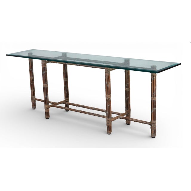 Contemporary 1970s McGuire Furniture Bamboo & Beveled Glass Console Table For Sale - Image 3 of 6