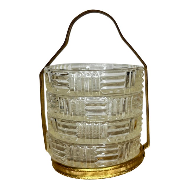 1950s Mid Century Brass Handled Condiment Server With Starburst Pressed Glass Inserts, Set of Four For Sale