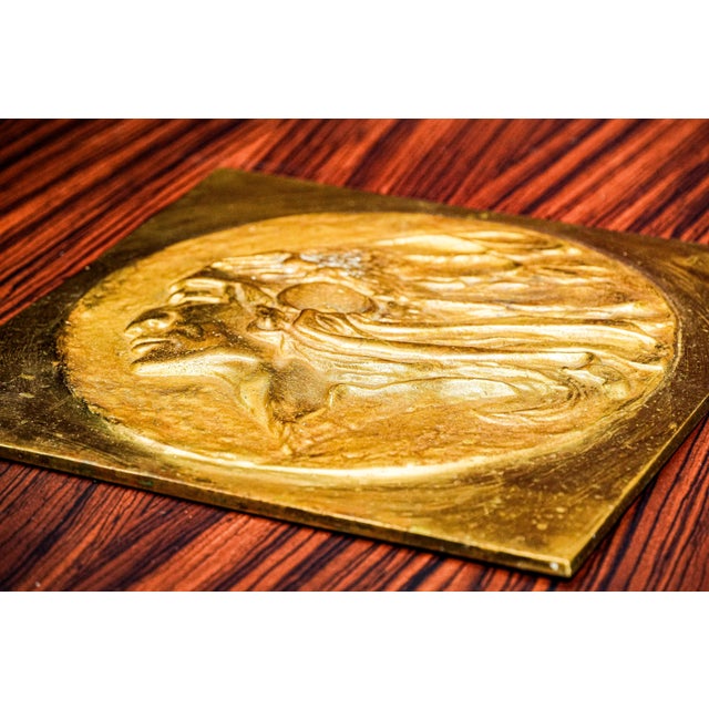 Brass 1900s Heavy Solid Large Brass Metal Art Plaque Native American Indian Chief Sculpture Western Home Decor For Sale - Image 8 of 9