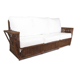 1990s Art Deco Presidents Nantucket Stick Walnut Finished Reed Rattan 3-Seat Sofa For Sale