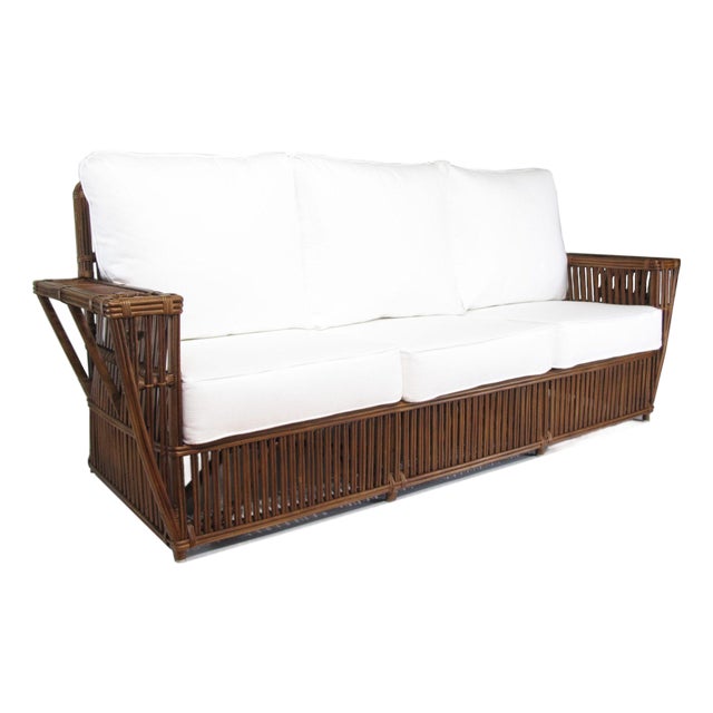 1990s Art Deco Presidents Nantucket Stick Walnut Finished Reed Rattan 3-Seat Sofa For Sale