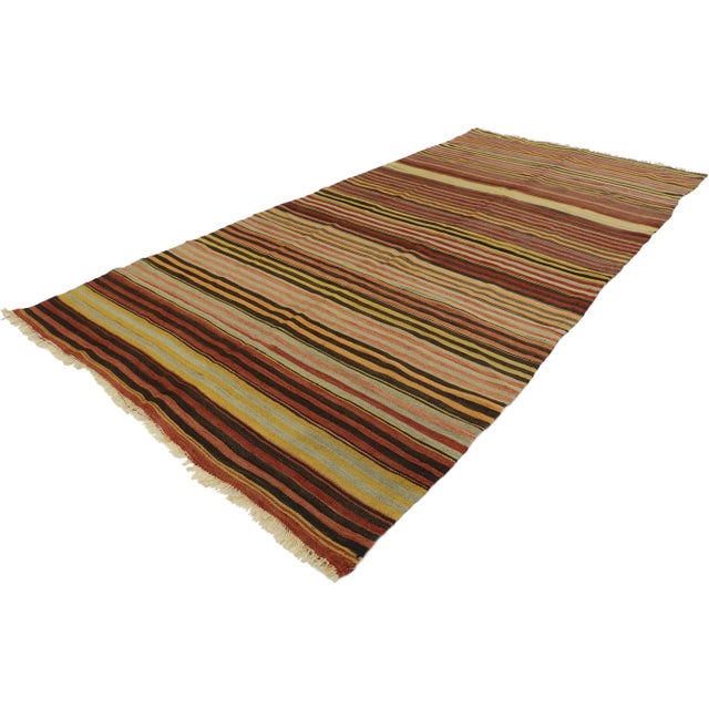Vintage Turkish Striped Kilim Rug with Modern Rustic Cabin Style 04'11 x 10'08. With its warm hues and rugged beauty, this...