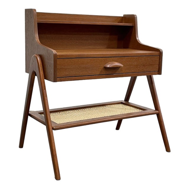 1960s Mid Century Modern Handcrafted Caned Teak Cabinet / Entryway Table For Sale