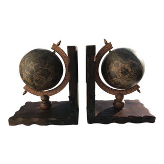 1970s Iron and Wood Spinning Globe Bookends - a Pair For Sale