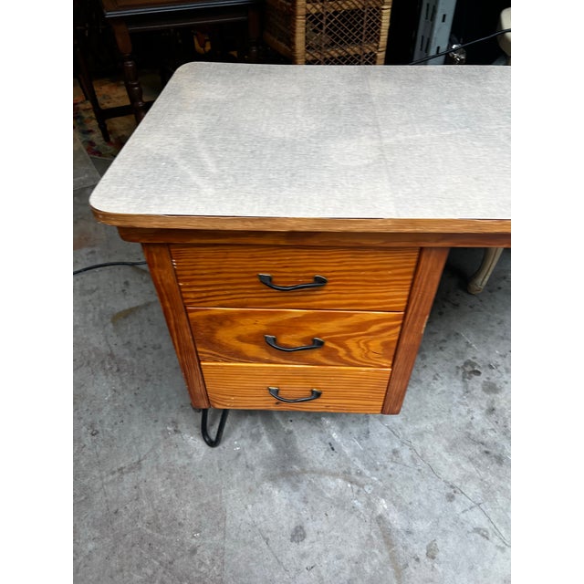 Vintage Petite Wooden Desk With Iron Legs For Sale - Image 4 of 11