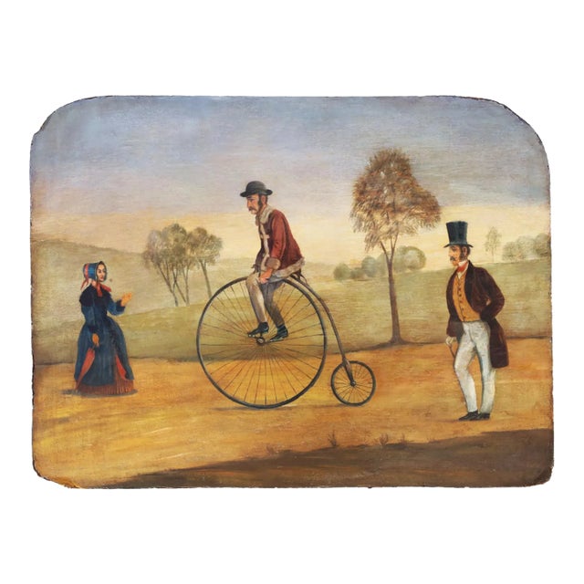 Antique American Oil Painting of a High Wheeler, Advertising Penny Farthing For Sale