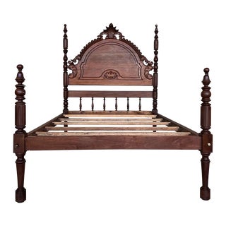 20th Century Full Bed, Original Four Fluted Poster Spanish Bed With Wood Slabs For Sale