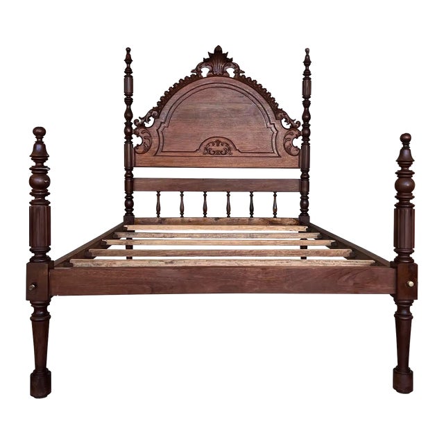 20th Century Full Bed, Original Four Fluted Poster Spanish Bed With Wood Slabs For Sale