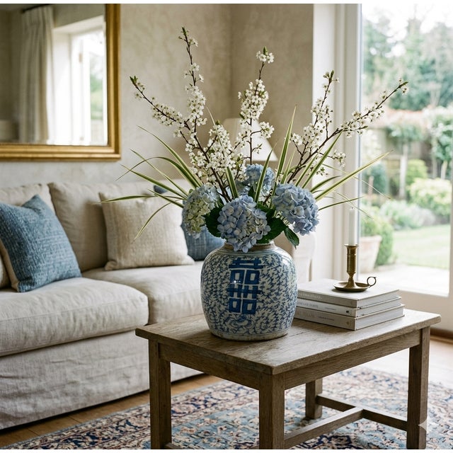 Blue Oriental Blue White Double Happiness Porcelain Large Ginger Jar For Sale - Image 8 of 8