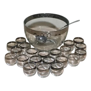 Mid Century Modern Dorothy Thorpe Style Silver Rim Roly Poly Punch Bowl Set- 23 Pieces