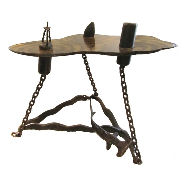 Rare Signed Slack Brutalist Nautical Themed Tripod Iron Table Circa 1960's For Sale