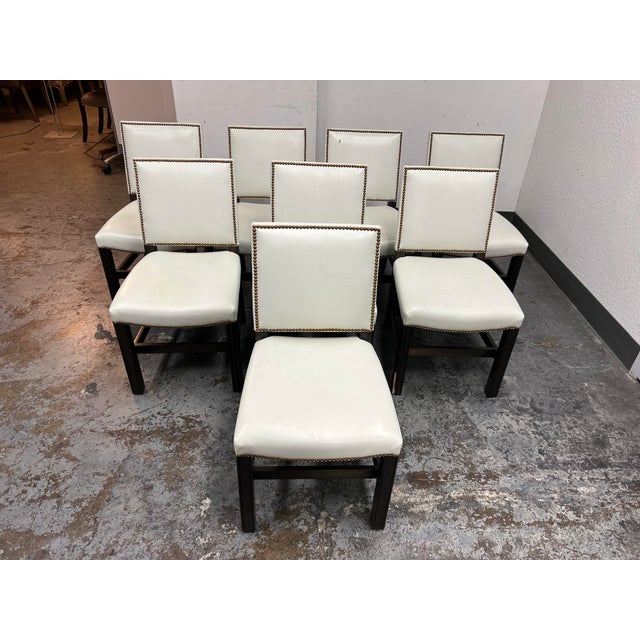 Custom Design Ivory Leather + Brass Nailhead Dining Chairs Set of