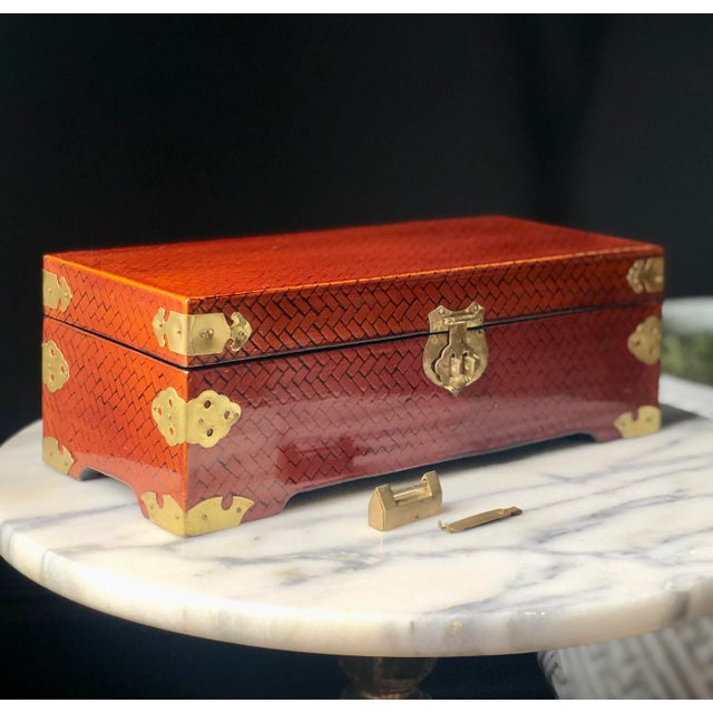 Late 20th Century Asian Herringbone Campaign Keepsake Box, LockAndKey