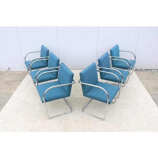 MCM Ludwig Mies Van Der Rohe Brno Tubular Chairs Blue Fabric by Gordon, Set of 6 For Sale - Image 9 of 18