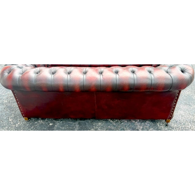 Red Pair of English Chesterfield Sofas in Burnished Burgundy Leather, Circa 1950s For Sale - Image 8 of 13