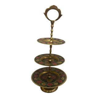 Vintage 3-Tier Indian Etched Brass & Enamel Serving Stand - Floral Design For Sale