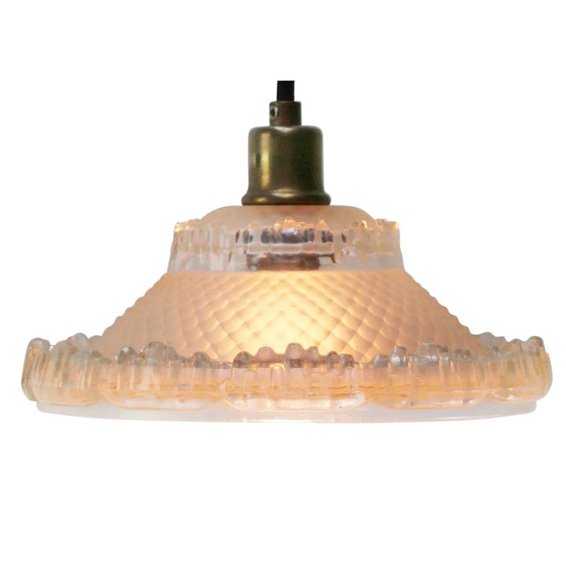 1920 French Art Deco clear, etched glass pendant lamp Brass glass holder 2 meter black cotton flex E14 Up to 250V...