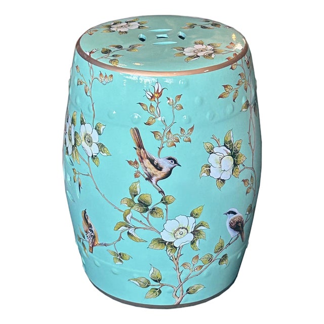 Turquoise Blue Porcelain Flower Birds Round Barrel Stool Table For Sale