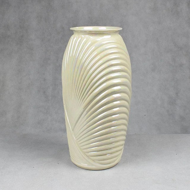 Art Deco Tall Faceted Geometric White Pearlized Art Deco Draped Glass Vase, 1980s For Sale - Image 3 of 4