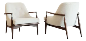 Ib Kofod-Larsen Style Modern Lounge Chairs in Walnut & Bouclé, C. 1950s