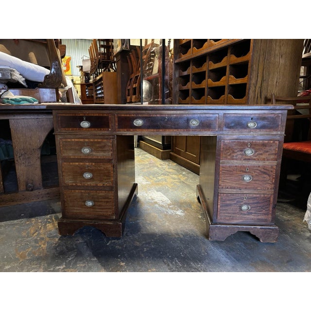 Brown Edwardian Inlaid Mahogany Pedestal Desk with Brown Top For Sale - Image 8 of 18