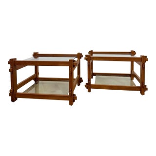 Pair of Vintage Teak Mortise and Tenon Side Tables, Glass Top and Base For Sale