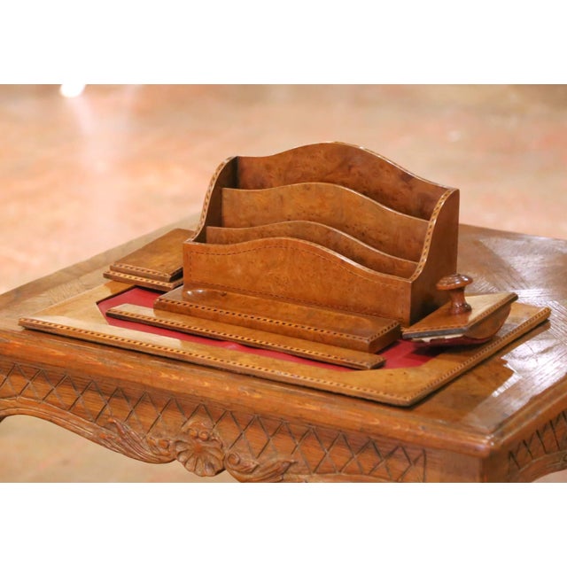 Mid 20th Century Mid-Century French Burl Wood 6-Piece Desk Set With Letter Rack and Accessories For Sale - Image 5 of 17