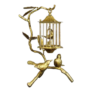 Large Vintage Brass Sculpture of Birds Sitting on the Branch With Hanging Cage